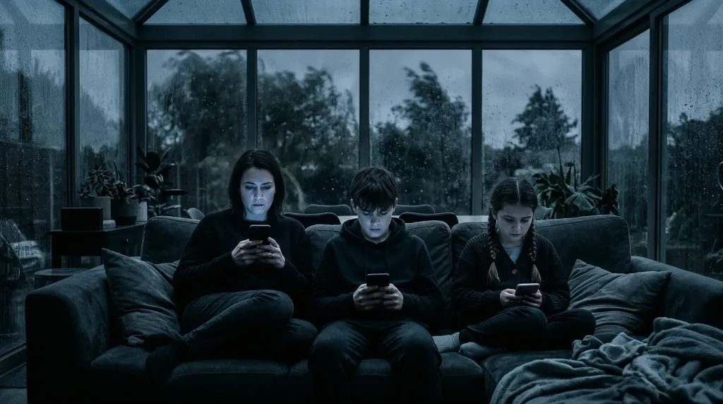 Familie schaut aufs Handy im Wintergarten – Symbol für Bildschirmzeit bei Kindern